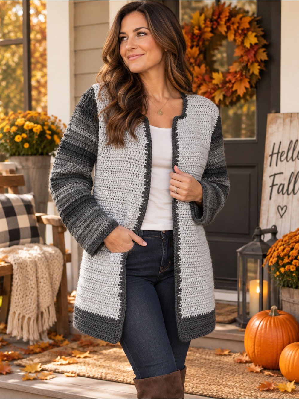 Handmade Crochet Cardigan Women’s Gray Colorblock Open Front Long Sleeve S/M